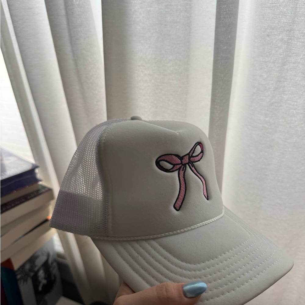 White Cap with Pink Bow Embroidery